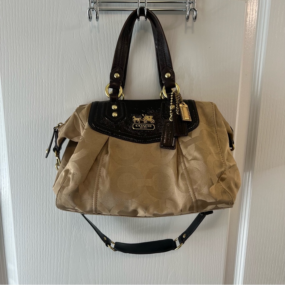 COACH Madison Brown Signature Carriage Logo Canvas & Leather Handbag